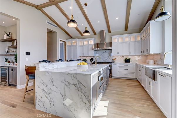 Interior, Kitchen, Pendant Lights, Recessed Lighting, Stainless Steel Appliances, Wooden Beams, Wood Texture Flooring