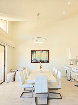 Dining room, Interior, Pendant Lights, Recessed Lighting, Wood Texture Flooring