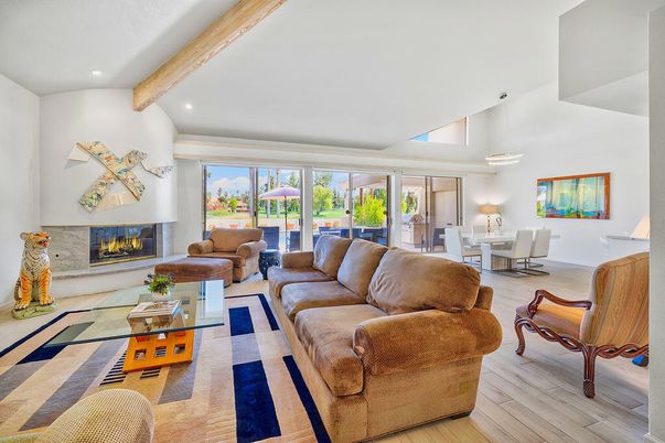 Dining room, Fireplace, Interior, Living room, Recessed Lighting, Wooden Beams, Wood Texture Flooring