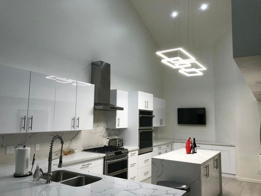 Interior, Kitchen, Pendant Lights, Recessed Lighting, Stainless Steel Appliances, Wood Texture Flooring