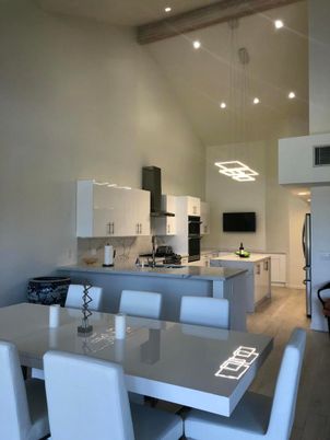 Dining room, Interior, Kitchen, Pendant Lights, Recessed Lighting, Stainless Steel Appliances, Wooden Beams, Wood Texture Flooring