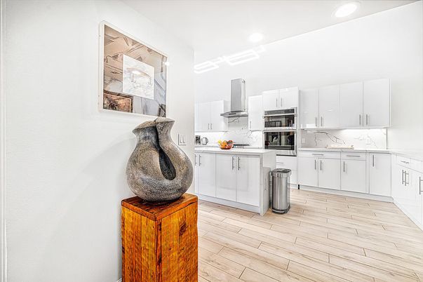 Interior, Kitchen, Marble Walls, Recessed Lighting, Wood Texture Flooring