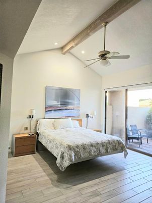 Bedroom, Interior, Recessed Lighting, Wooden Beams, Wood Texture Flooring