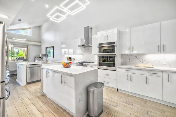 Interior, Kitchen, Pendant Lights, Recessed Lighting, Stainless Steel Appliances, Wood Texture Flooring