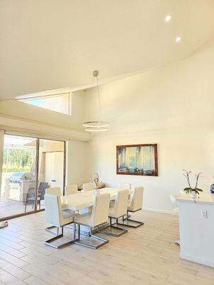 Dining room, Interior, Pendant Lights, Recessed Lighting, Wood Texture Flooring
