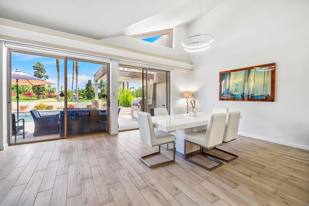 Dining room, Interior, Pendant Lights, Wood Texture Flooring