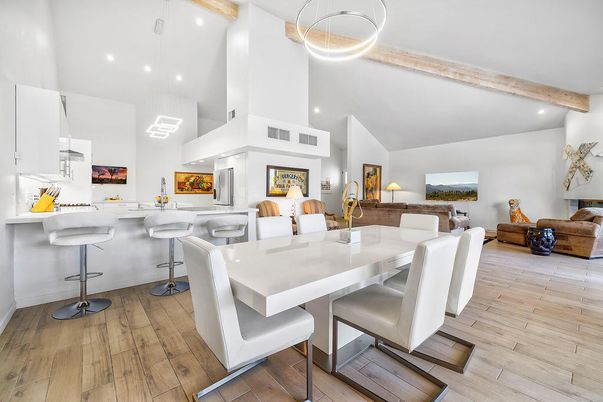 Dining room, Interior, Pendant Lights, Recessed Lighting, Wooden Beams, Wood Texture Flooring