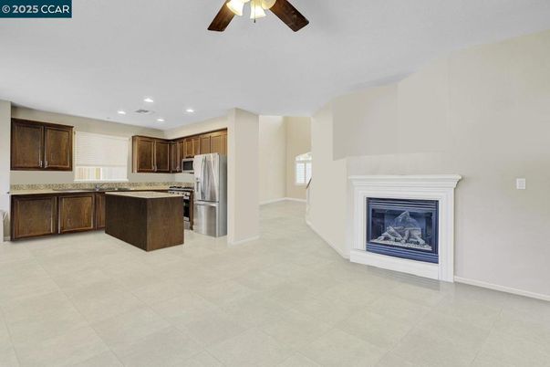 Fireplace, Interior, Kitchen, Recessed Lighting, Stainless Steel Appliances