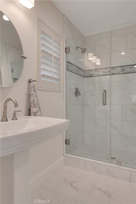 Bathroom, Glass Shower, Interior, Marble, Marble Walls, Recessed Lighting