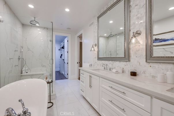 Bathroom, Dual Sink Vanities, Free Standing Baths, Glass Shower, Interior, Marble, Marble Walls, Recessed Lighting