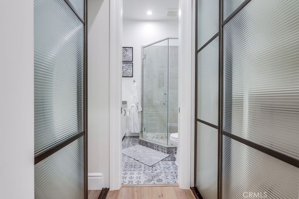 Bathroom, Glass Shower, Interior, Recessed Lighting, Wood Texture Flooring