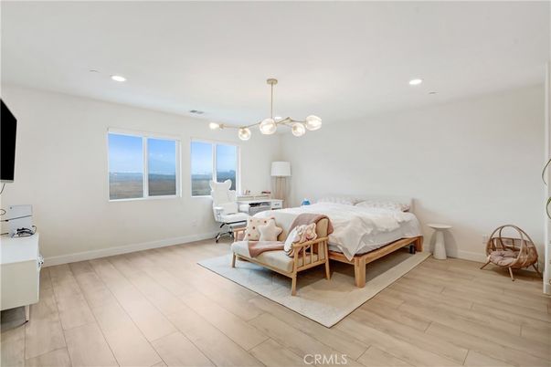 Bedroom, Interior, Pendant Lights, Recessed Lighting, Wood Texture Flooring