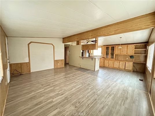 Empty room, Interior, Kitchen, Pendant Lights, Wooden Beams, Wood Texture Flooring