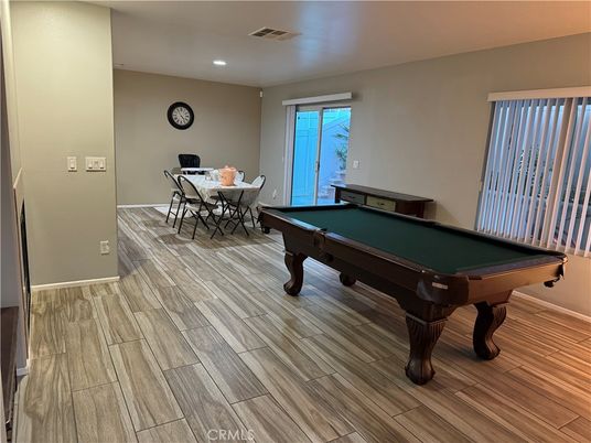 Billiard Table, Dining room, Game Room, Interior, Recessed Lighting, Wood Texture Flooring