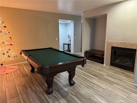 Billiard Table, Fireplace, Game Room, Interior, Wood Texture Flooring