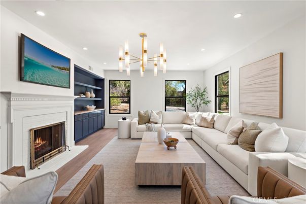 Fireplace, Interior, Living room, Pendant Lights, Recessed Lighting, Wood Texture Flooring