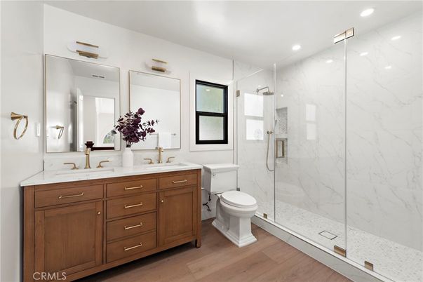 Bathroom, Glass Shower, Interior, Marble Walls, Recessed Lighting, Wood Texture Flooring