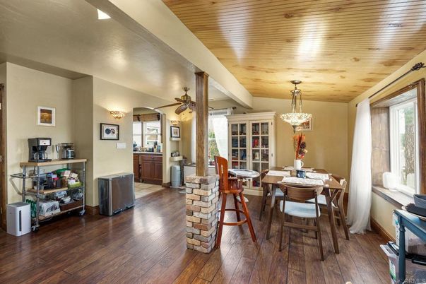 Chandelier, Dining room, Interior, Wooden Ceilings, Wood Texture Flooring