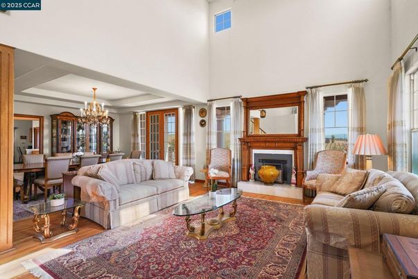 Chandelier, Dining room, Fireplace, Interior, Living room, Wood Texture Flooring