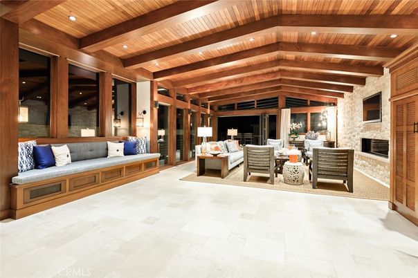 Fireplace, Interior, Living room, Recessed Lighting, Stone Walls, Wooden Beams, Wooden Ceilings