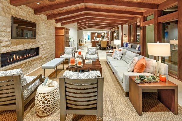 Dining room, Fireplace, Interior, Living room, Recessed Lighting, Stone Walls, Wooden Beams, Wooden Ceilings