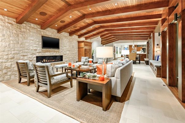 Fireplace, Interior, Living room, Recessed Lighting, Stone Walls, Wooden Beams, Wooden Ceilings