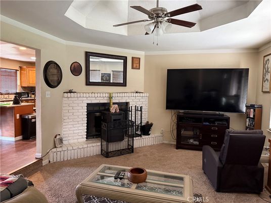 Fireplace, Interior, Kitchen, Living room, Recessed Lighting, Wood Texture Flooring