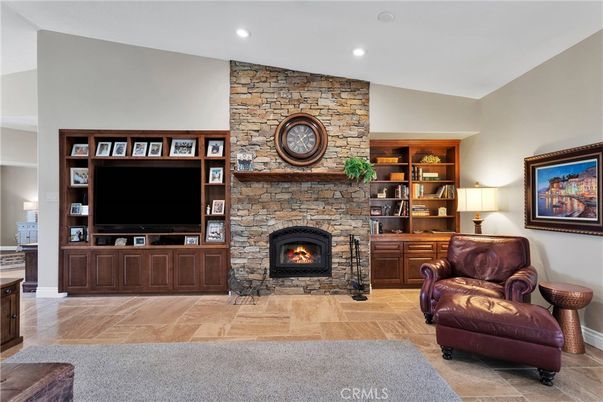 Fireplace, Interior, Recessed Lighting, Stone Walls