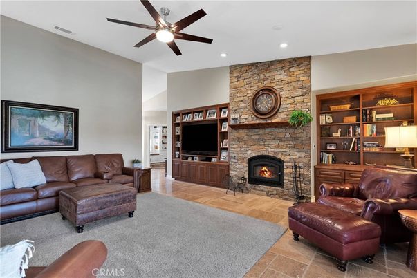 Fireplace, Interior, Living room, Recessed Lighting, Stone Walls