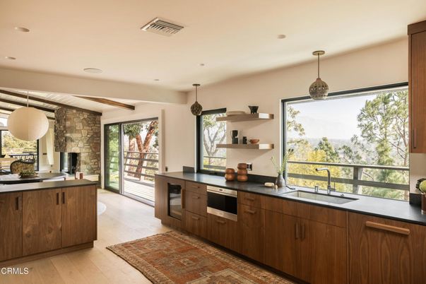 Interior, Kitchen, Pendant Lights, Recessed Lighting, Stainless Steel Appliances, Stone Walls, Wood Texture Flooring