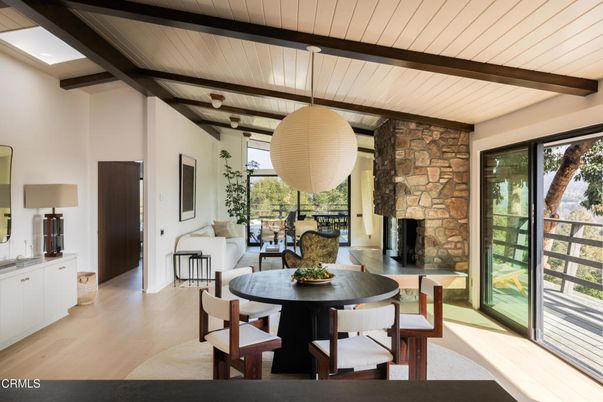 Dining room, Fireplace, Interior, Stone Walls, Wooden Beams, Wood Texture Flooring