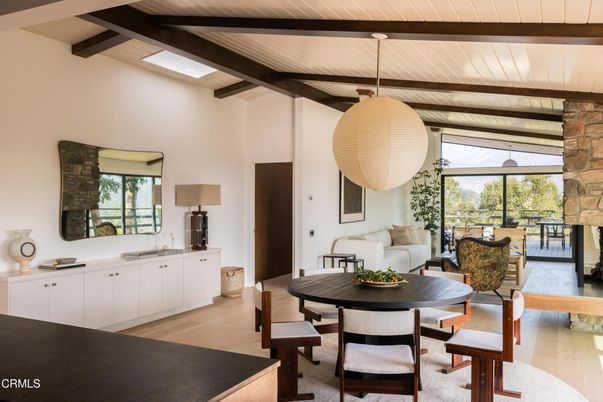 Dining room, Interior, Living room, Pendant Lights, Wooden Beams, Wooden Ceilings, Wood Texture Flooring