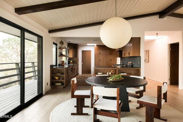 Dining room, Interior, Kitchen, Pendant Lights, Wooden Beams, Wood Texture Flooring