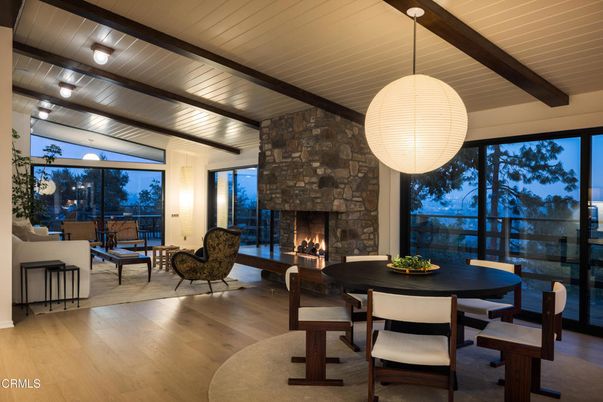 Dining room, Fireplace, Interior, Living room, Pendant Lights, Wooden Beams, Wood Texture Flooring