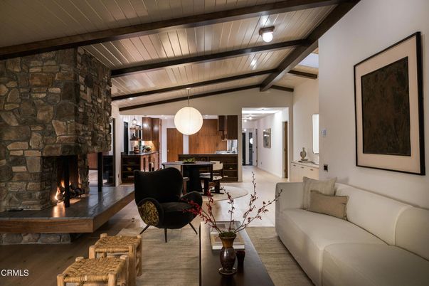 Dining room, Fireplace, Interior, Kitchen, Living room, Pendant Lights, Stone Walls, Wooden Beams, Wooden Ceilings, Wood Texture Flooring