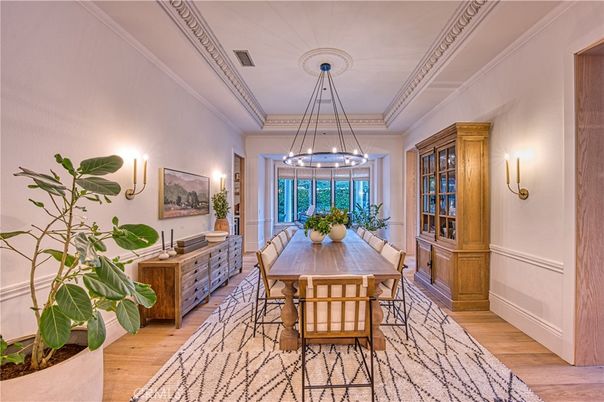 Dining room, Interior, Pendant Lights, Wood Texture Flooring