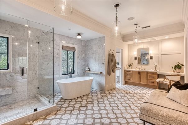 Bathroom, Dual Sink Vanities, Free Standing Baths, Glass Shower, Interior, Marble Walls, Pendant Lights, Recessed Lighting