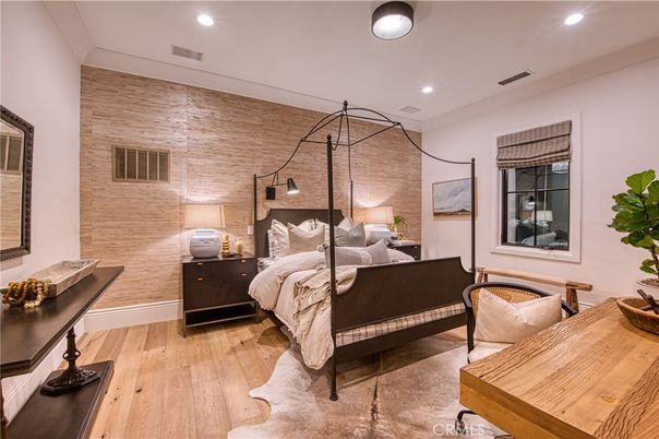 Bedroom, Interior, Recessed Lighting, Stone Walls, Wood Texture Flooring