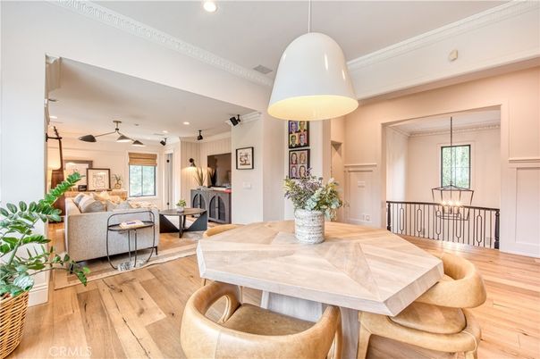 Dining room, Fireplace, Interior, Living room, Pendant Lights, Recessed Lighting, Wood Texture Flooring