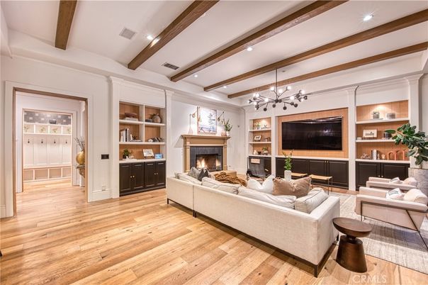 Fireplace, Interior, Living room, Pendant Lights, Recessed Lighting, Wooden Beams, Wood Texture Flooring