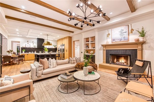 Dining room, Fireplace, Interior, Kitchen, Living room, Pendant Lights, Recessed Lighting, Stainless Steel Appliances, Wooden Beams, Wood Texture Flooring