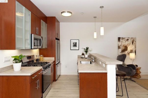 Interior, Kitchen, Pendant Lights, Stainless Steel Appliances, Wood Texture Flooring