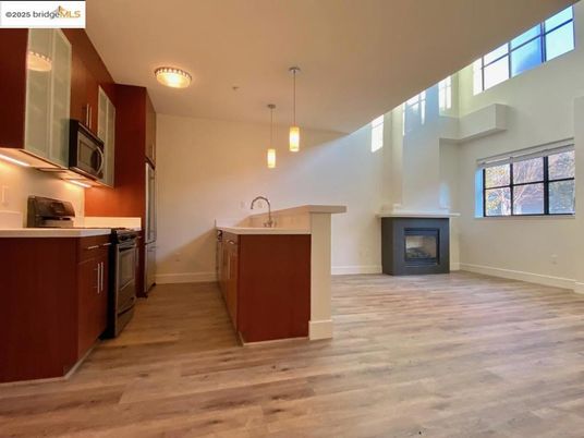 Fireplace, Interior, Kitchen, Pendant Lights, Wood Texture Flooring