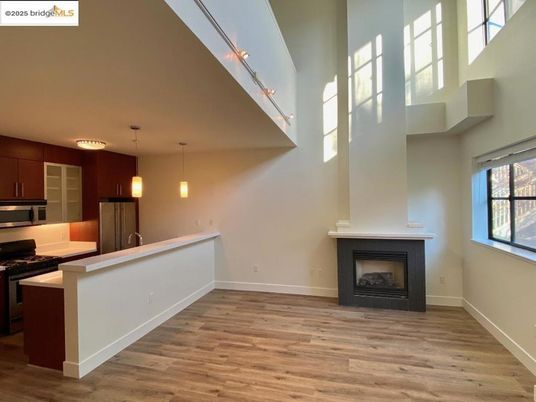 Fireplace, Interior, Kitchen, Pendant Lights, Wood Texture Flooring