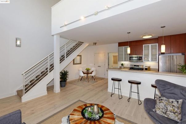 Dining room, Interior, Kitchen, Pendant Lights, Stainless Steel Appliances, Wood Texture Flooring