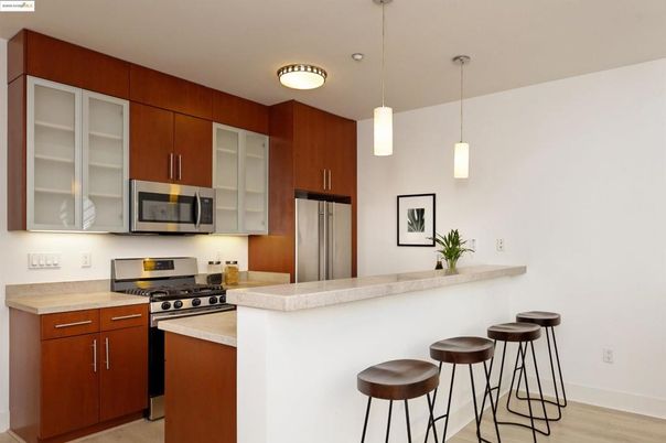 Interior, Kitchen, Pendant Lights, Stainless Steel Appliances, Wood Texture Flooring