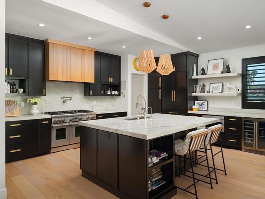 Interior, Kitchen, Marble Walls, Pendant Lights, Recessed Lighting, Stainless Steel Appliances, Wood Texture Flooring