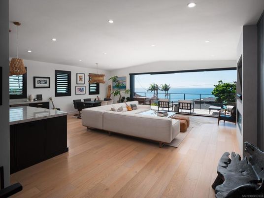 Dining room, Interior, Living room, Pendant Lights, Recessed Lighting, Water, Wood Texture Flooring