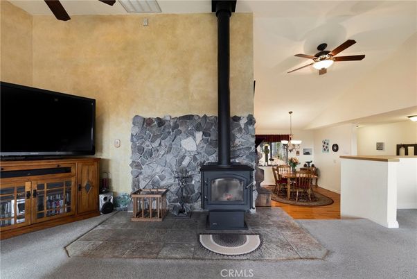 Dining room, Fireplace, Interior, Pendant Lights, Stone Walls