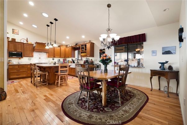 Chandelier, Dining room, Interior, Kitchen, Pendant Lights, Recessed Lighting, Wood Texture Flooring